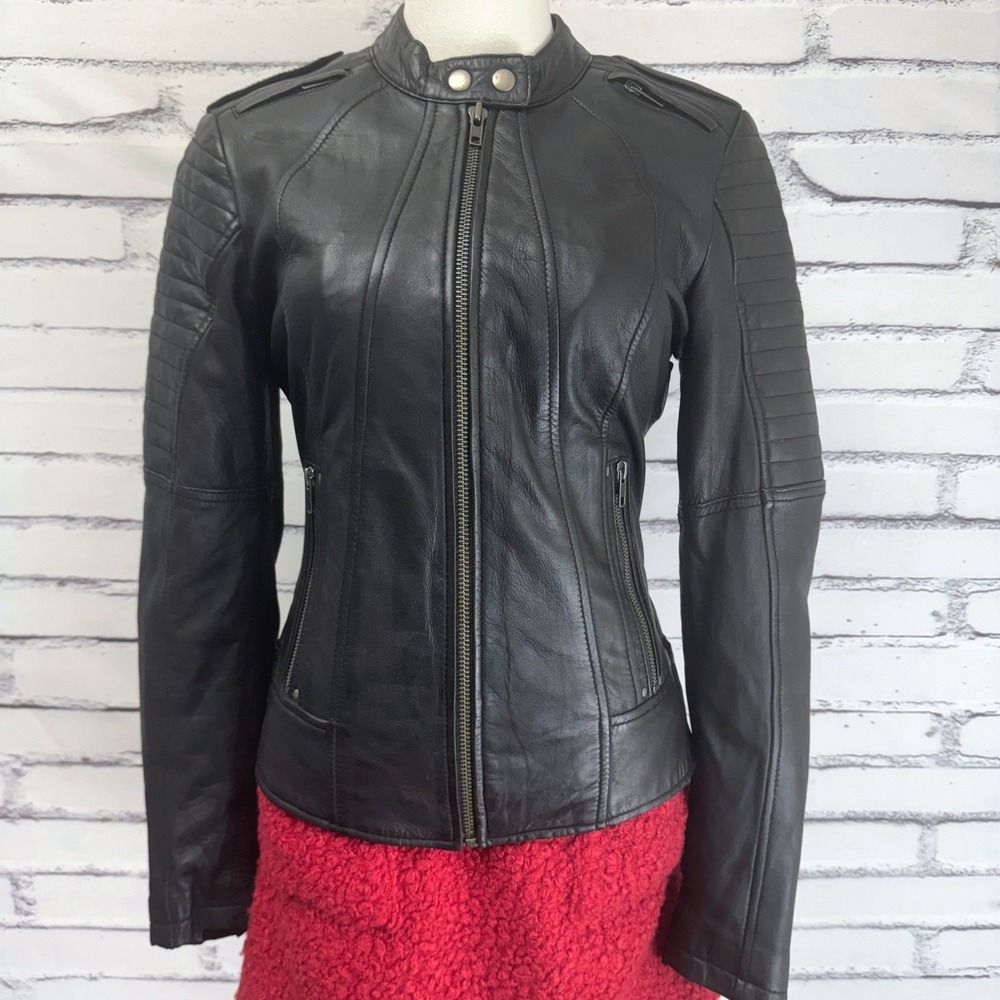 First Classics Womens Black Leather Motorcycle Biker Jacket Removable linerXS